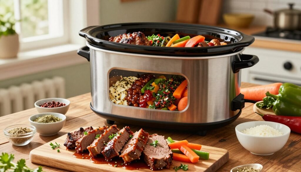 A beautifully arranged slow cooker filled with succulent London broil, showcasing various flavor variations such as teriyaki, garlic herb, and chimichurri. In the foreground, tender slices of the meat glisten with rich sauces, garnished with fresh herbs and colorful vegetables like bell peppers and carrots. The middle layer includes the slow cooker set atop a rustic wooden table, surrounded by bowls of seasoning ingredients, spices, and fresh produce, adding a homey feel. In the background, a softly lit kitchen ambiance enhances the inviting atmosphere, with warm natural sunlight filtering through a window. The image captures the essence of comfort food, featuring bright, appetizing colors and a cozy atmosphere that entices the viewer to explore the delicious variations in this easy meal. A beautifully arranged slow cooker filled with succulent London broil, showcasing various flavor variations such as teriyaki, garlic herb, and chimichurri. In the foreground, tender slices of the meat glisten with rich sauces, garnished with fresh herbs and colorful vegetables like bell peppers and carrots. The middle layer includes the slow cooker set atop a rustic wooden table, surrounded by bowls of seasoning ingredients, spices, and fresh produce, adding a homey feel. In the background, a softly lit kitchen ambiance enhances the inviting atmosphere, with warm natural sunlight filtering through a window. The image captures the essence of comfort food, featuring bright, appetizing colors and a cozy atmosphere that entices the viewer to explore the delicious variations in this easy meal.