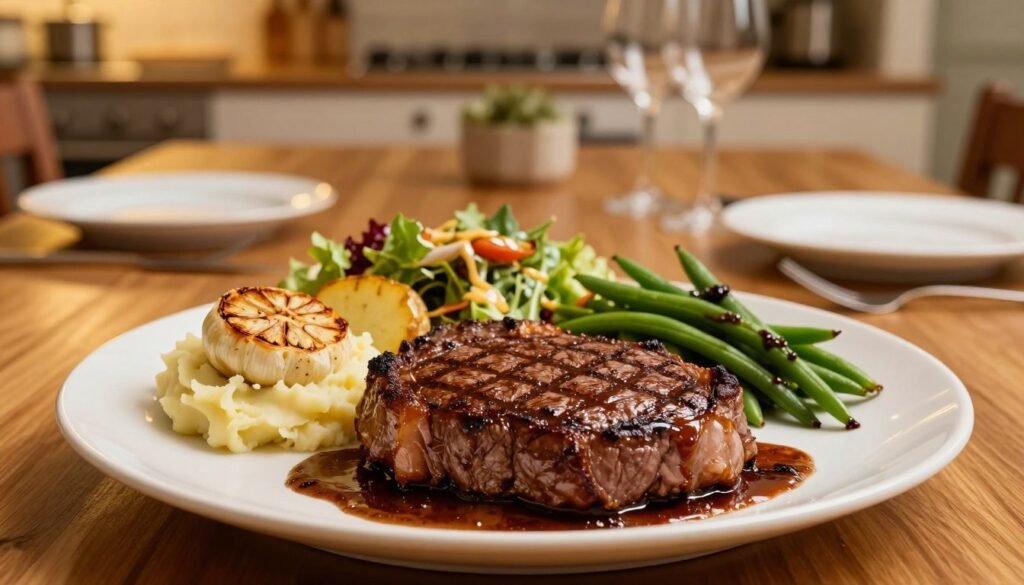 A beautifully arranged steak dinner featuring a perfectly grilled sirloin top steak in the foreground, glistening with a rich marinade. Surrounding the steak are vibrant side dishes including roasted garlic mashed potatoes, sautéed green beans, and a fresh mixed salad drizzled with vinaigrette. The middle ground showcases a polished wooden dining table set with elegant dinnerware, complementing the meal. In the background, you can see softly blurred kitchen elements, creating a warm, inviting atmosphere with golden, ambient lighting that highlights the textures of the food. A warm, cozy ambiance envelops the scene, suggesting a delightful dining experience. The camera angle is slightly elevated, focusing on the textures and colors of the meal while maintaining a sense of depth. A beautifully arranged steak dinner featuring a perfectly grilled sirloin top steak in the foreground, glistening with a rich marinade. Surrounding the steak are vibrant side dishes including roasted garlic mashed potatoes, sautéed green beans, and a fresh mixed salad drizzled with vinaigrette. The middle ground showcases a polished wooden dining table set with elegant dinnerware, complementing the meal. In the background, you can see softly blurred kitchen elements, creating a warm, inviting atmosphere with golden, ambient lighting that highlights the textures of the food. A warm, cozy ambiance envelops the scene, suggesting a delightful dining experience. The camera angle is slightly elevated, focusing on the textures and colors of the meal while maintaining a sense of depth.