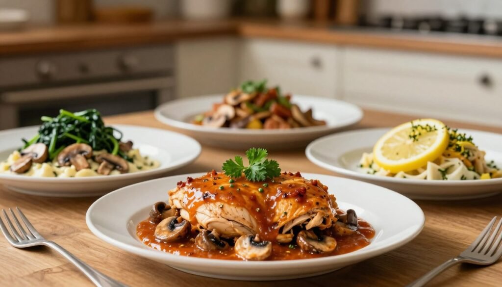 A beautifully arranged table featuring delicious variations of Chicken Marsala, with each dish presented on elegant white plates to highlight the rich, savory sauces. In the foreground, a classic Chicken Marsala garnished with fresh parsley and mushrooms, exuding a tempting aroma. Beside it, a creamy mushroom version topped with sautéed spinach, and a light lemon-herb variant with a sprinkle of zest. In the background, a soft-focus kitchen atmosphere with rustic wooden shelves and warm lighting that creates a cozy, inviting mood. The scene is captured using a shallow depth of field to emphasize the dishes, with natural light illuminating the textures and colors of the food, creating an appetizing and delightful ambiance. A beautifully arranged table featuring delicious variations of Chicken Marsala, with each dish presented on elegant white plates to highlight the rich, savory sauces. In the foreground, a classic Chicken Marsala garnished with fresh parsley and mushrooms, exuding a tempting aroma. Beside it, a creamy mushroom version topped with sautéed spinach, and a light lemon-herb variant with a sprinkle of zest. In the background, a soft-focus kitchen atmosphere with rustic wooden shelves and warm lighting that creates a cozy, inviting mood. The scene is captured using a shallow depth of field to emphasize the dishes, with natural light illuminating the textures and colors of the food, creating an appetizing and delightful ambiance.