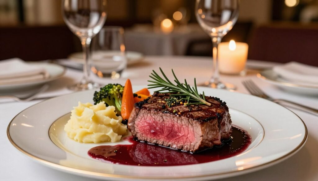 A beautifully arranged top round steak dinner for a special occasion, featuring a perfectly seared steak seasoned with herbs and spices, served on a fine china plate. The foreground showcases a succulent slice of the steak, revealing its juicy pink interior, garnished with fresh rosemary and thyme. Surrounding the steak are elegant side dishes, including garlic mashed potatoes, a vibrant mix of sautéed seasonal vegetables, and a rich, red wine reduction sauce drizzled artistically on the plate. In the middle ground, a softly lit dining table is set with elegant glassware and polished silverware, and a flickering candle creates a cozy atmosphere. The background features a softly blurred, elegantly decorated dining room. Warm lighting illuminates the scene, casting a romantic glow, evoking a mood of sophistication and culinary delight.