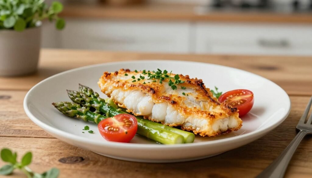 A beautifully plated dish of healthy pan-fried cod, garnished with fresh herbs and vibrant vegetables like asparagus and cherry tomatoes, sits gracefully on a rustic wooden table. The cod, golden-brown with a crispy batter, glistens under soft, natural lighting that highlights its flaky texture. In the background, a simple, elegant kitchen setting with hints of greenery in the form of potted herbs creates a warm and inviting atmosphere. The image captures a close-up angle focusing on the dish, emphasizing the nutritional benefits of cod, such as its omega-3 fatty acids and lean protein. The overall mood is fresh and health-conscious, perfect for showcasing the benefits of incorporating cod into a balanced diet. A beautifully plated dish of healthy pan-fried cod, garnished with fresh herbs and vibrant vegetables like asparagus and cherry tomatoes, sits gracefully on a rustic wooden table. The cod, golden-brown with a crispy batter, glistens under soft, natural lighting that highlights its flaky texture. In the background, a simple, elegant kitchen setting with hints of greenery in the form of potted herbs creates a warm and inviting atmosphere. The image captures a close-up angle focusing on the dish, emphasizing the nutritional benefits of cod, such as its omega-3 fatty acids and lean protein. The overall mood is fresh and health-conscious, perfect for showcasing the benefits of incorporating cod into a balanced diet.