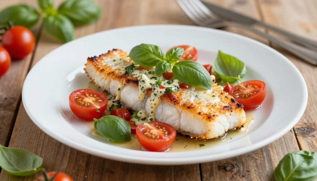 A beautifully plated dish of pan-seared cod topped with a vibrant white wine tomato basil sauce, glistening under soft, natural light. The cod fillet is golden-brown with a crispy texture, elegantly arranged on a white ceramic plate. Surrounding the fish are cherry tomatoes and fresh basil leaves, adding pops of color. In the background, a rustic wooden table complements the dish, with subtle hints of kitchen utensils and herbs blurred to keep the focus on the cod. The image captures a warm, inviting atmosphere, evoking the feeling of a cozy home-cooked meal. The angle is slightly overhead, showcasing the dish's depth and inviting aroma, while the lighting enhances the freshness of the ingredients. No text or overlays are present in the image.