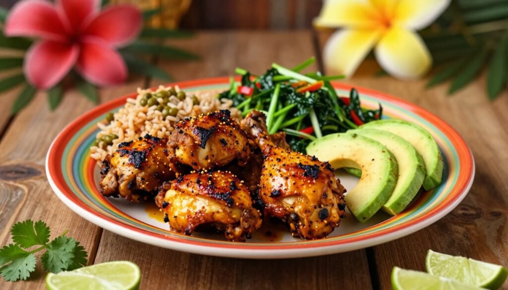 A beautifully plated serving of jerk chicken, featuring tender, grilled chicken pieces infused with aromatic spices and served on a vibrant, colorful plate. The chicken is accompanied by traditional side dishes such as rice and peas, a fresh salad with bright greens, and slices of ripe avocado, all artfully arranged. In the foreground, there are decorative herbs like cilantro and slices of lime to enhance the presentation. The background includes a rustic wooden table setting adorned with tropical flowers and soft, diffused lighting that creates a warm, inviting atmosphere. Capture this scene from a slightly elevated angle to showcase the texture and vibrancy of the dish, evoking a sense of home-cooked comfort and culinary delight. A beautifully plated serving of jerk chicken, featuring tender, grilled chicken pieces infused with aromatic spices and served on a vibrant, colorful plate. The chicken is accompanied by traditional side dishes such as rice and peas, a fresh salad with bright greens, and slices of ripe avocado, all artfully arranged. In the foreground, there are decorative herbs like cilantro and slices of lime to enhance the presentation. The background includes a rustic wooden table setting adorned with tropical flowers and soft, diffused lighting that creates a warm, inviting atmosphere. Capture this scene from a slightly elevated angle to showcase the texture and vibrancy of the dish, evoking a sense of home-cooked comfort and culinary delight.