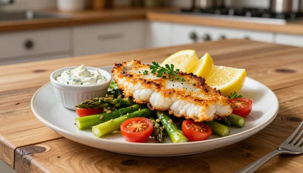 A beautifully plated serving of pan-fried cod, garnished with fresh herbs and lemon wedges. The fish is golden brown with a crispy texture, sitting atop a vibrant bed of sautéed seasonal vegetables, such as asparagus and cherry tomatoes. Accompanying the fish are small bowls of tartar sauce and a tangy remoulade, elegantly arranged to the side. The dish is set on a rustic wooden table with natural lighting that creates warm highlights, enhancing the appetizing colors of the food. In the background, a soft-focus view of a cozy kitchen hints at culinary activity, adding to the inviting atmosphere. The overall mood is warm and welcoming, perfect for a comfortable dining experience. A beautifully plated serving of pan-fried cod, garnished with fresh herbs and lemon wedges. The fish is golden brown with a crispy texture, sitting atop a vibrant bed of sautéed seasonal vegetables, such as asparagus and cherry tomatoes. Accompanying the fish are small bowls of tartar sauce and a tangy remoulade, elegantly arranged to the side. The dish is set on a rustic wooden table with natural lighting that creates warm highlights, enhancing the appetizing colors of the food. In the background, a soft-focus view of a cozy kitchen hints at culinary activity, adding to the inviting atmosphere. The overall mood is warm and welcoming, perfect for a comfortable dining experience.