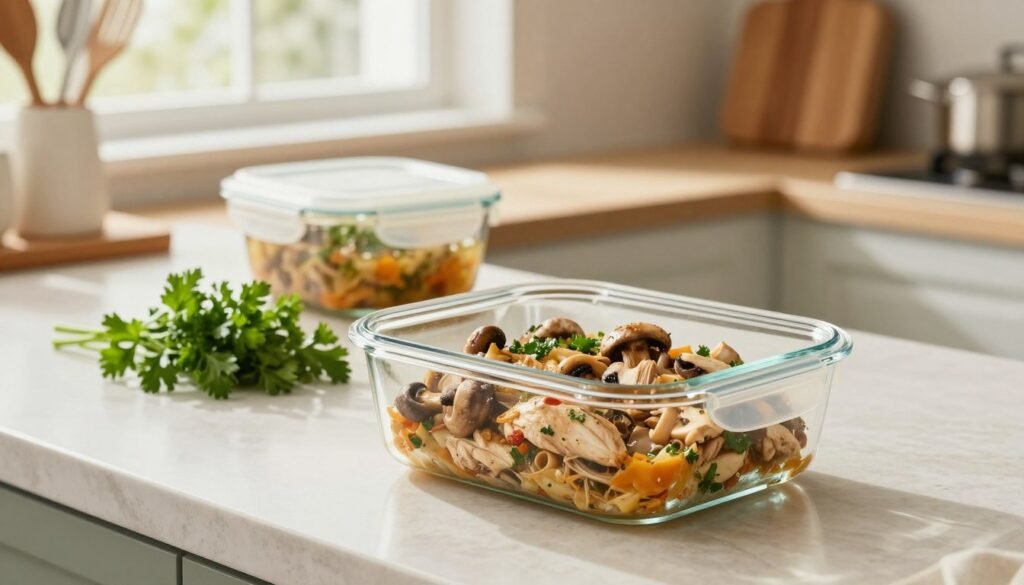 A clean, well-lit kitchen countertop featuring a prepared Chicken Marsala dish in an elegant glass storage container, with enticing mushrooms and herbs visible. In the foreground, focus on the container being securely sealed with a lid, showcasing proper storage techniques. In the middle ground, include a vibrant, fresh garnish of parsley and a small bowl of marinade, hinting at reheating tips. The background should feature a warm, inviting kitchen ambiance with soft natural light streaming through a window, highlighting cooking utensils and a wooden cutting board. The atmosphere exudes coziness and practicality, suggesting easy meal prep and storage methods. Capture this from a slightly elevated angle to create depth and focus on the storage theme. A clean, well-lit kitchen countertop featuring a prepared Chicken Marsala dish in an elegant glass storage container, with enticing mushrooms and herbs visible. In the foreground, focus on the container being securely sealed with a lid, showcasing proper storage techniques. In the middle ground, include a vibrant, fresh garnish of parsley and a small bowl of marinade, hinting at reheating tips. The background should feature a warm, inviting kitchen ambiance with soft natural light streaming through a window, highlighting cooking utensils and a wooden cutting board. The atmosphere exudes coziness and practicality, suggesting easy meal prep and storage methods. Capture this from a slightly elevated angle to create depth and focus on the storage theme.