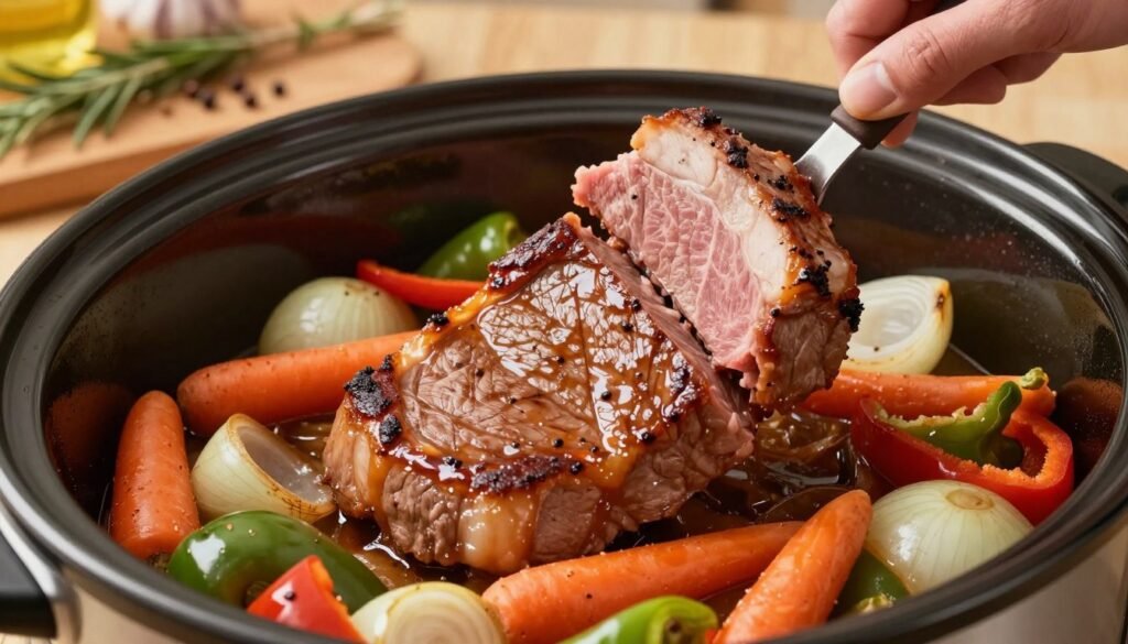 A close-up of a perfectly tender pork steak being gently flipped in a slow cooker, surrounded by an inviting array of colorful vegetables like carrots, onions, and bell peppers. The steak has a rich, juicy glaze, glistening under soft, warm kitchen lighting. In the background, a rustic wooden kitchen countertop holds herbs and spices arranged aesthetically, hinting at the cooking techniques. The focus is on the texture of the meat, which appears succulent and easily fall-apart, showcasing thorough marbling. The shot is taken from a slightly elevated angle, capturing the vibrant colors and textures while creating a cozy, homely atmosphere that evokes the mouthwatering process of slow cooking. A close-up of a perfectly tender pork steak being gently flipped in a slow cooker, surrounded by an inviting array of colorful vegetables like carrots, onions, and bell peppers. The steak has a rich, juicy glaze, glistening under soft, warm kitchen lighting. In the background, a rustic wooden kitchen countertop holds herbs and spices arranged aesthetically, hinting at the cooking techniques. The focus is on the texture of the meat, which appears succulent and easily fall-apart, showcasing thorough marbling. The shot is taken from a slightly elevated angle, capturing the vibrant colors and textures while creating a cozy, homely atmosphere that evokes the mouthwatering process of slow cooking.