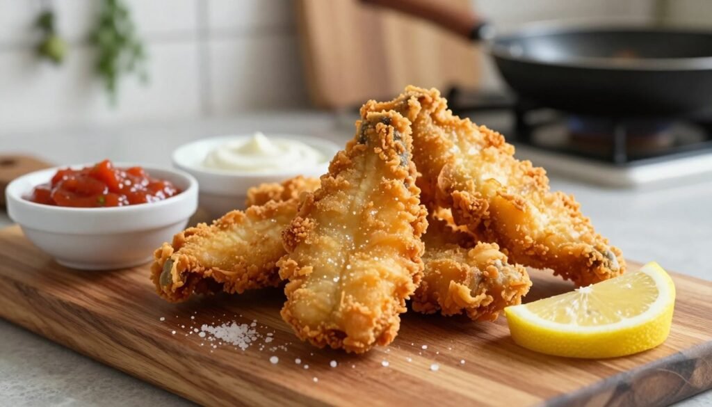 A close-up view of perfectly crispy fried cod pieces displayed artistically on a rustic wooden serving board. The cod is golden-brown, showcasing a crunchy batter that glistens slightly under soft, natural light. In the foreground, a sprinkle of sea salt and a slice of lemon add a vibrant touch. The middle layer features an assortment of dipping sauces, like tartar and spicy aioli, in small bowls. A gently blurred kitchen background reveals a cozy atmosphere with hanging herbs and a frying pan, enhancing the home-cooking vibe. The image conveys a sense of warmth and inviting comfort, capturing the essence of delicious, expertly prepared fried cod. A close-up view of perfectly crispy fried cod pieces displayed artistically on a rustic wooden serving board. The cod is golden-brown, showcasing a crunchy batter that glistens slightly under soft, natural light. In the foreground, a sprinkle of sea salt and a slice of lemon add a vibrant touch. The middle layer features an assortment of dipping sauces, like tartar and spicy aioli, in small bowls. A gently blurred kitchen background reveals a cozy atmosphere with hanging herbs and a frying pan, enhancing the home-cooking vibe. The image conveys a sense of warmth and inviting comfort, capturing the essence of delicious, expertly prepared fried cod.