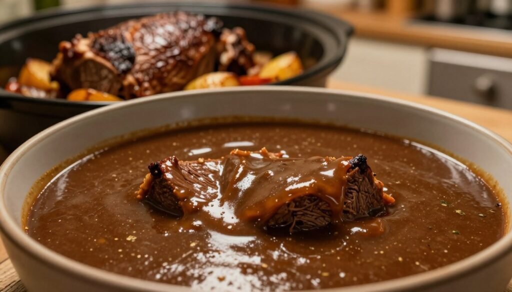 A close-up view of rich, glossy gravy made from tender roast beef drippings, served in a rustic bowl. The gravy is dark brown with a slightly shiny surface, reflecting warm kitchen light, and small flecks of herbs are visible. In the background, a slow cooker filled with tender, slow-cooked top round roast can be seen, along with a few golden-brown roast vegetables sprinkled around the base. The kitchen setting is warmly lit, giving a cozy and inviting atmosphere, with wooden accents and soft focus. The angle is slightly top-down, creating an appetizing perspective that highlights the texture of the gravy and its savory allure, ensuring a mouth-watering visual appeal without any text or distractions.
