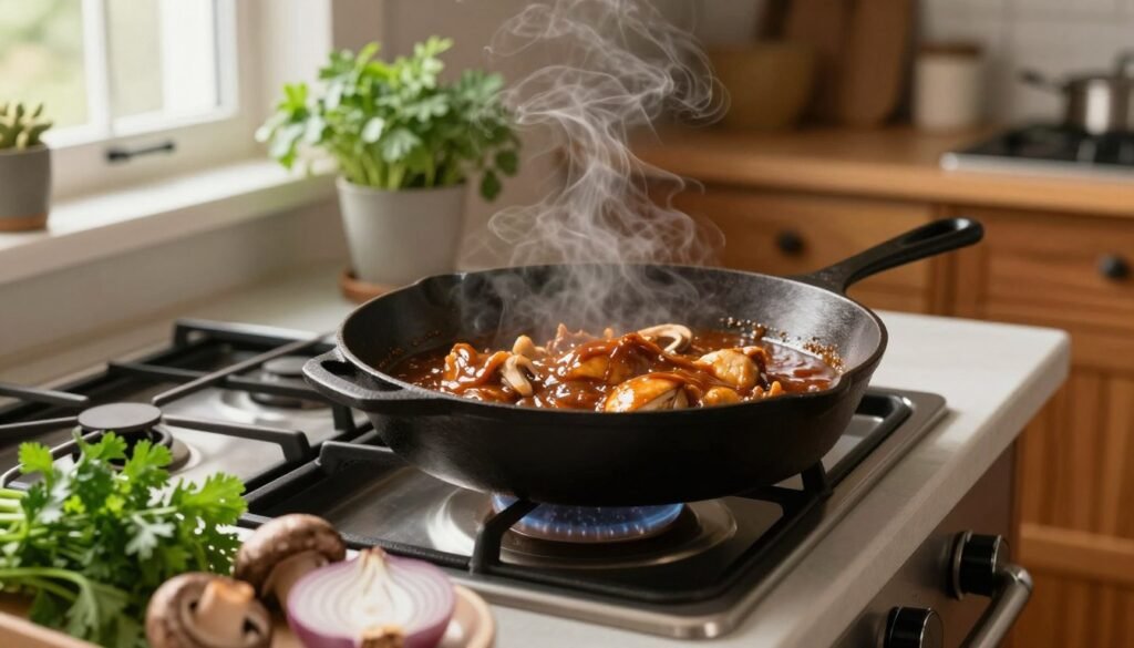 A cozy kitchen setting, featuring a stainless steel stovetop with a cast iron skillet actively cooking a rich, glossy Marsala sauce. In the foreground, close-up details showcase fresh ingredients like chopped shallots, earthy mushrooms, and vibrant parsley being prepared. The middle layer captures the simmering sauce with a slight steam rising, highlighting its deep caramel color. In the background, warm wooden cabinetry and herbs in pots create a homey atmosphere. Soft, natural lighting filters through a nearby window, casting gentle shadows. The mood is inviting and culinary-focused, embodying the essence of essential cooking techniques for making Marsala sauce for chicken. A cozy kitchen setting, featuring a stainless steel stovetop with a cast iron skillet actively cooking a rich, glossy Marsala sauce. In the foreground, close-up details showcase fresh ingredients like chopped shallots, earthy mushrooms, and vibrant parsley being prepared. The middle layer captures the simmering sauce with a slight steam rising, highlighting its deep caramel color. In the background, warm wooden cabinetry and herbs in pots create a homey atmosphere. Soft, natural lighting filters through a nearby window, casting gentle shadows. The mood is inviting and culinary-focused, embodying the essence of essential cooking techniques for making Marsala sauce for chicken.
