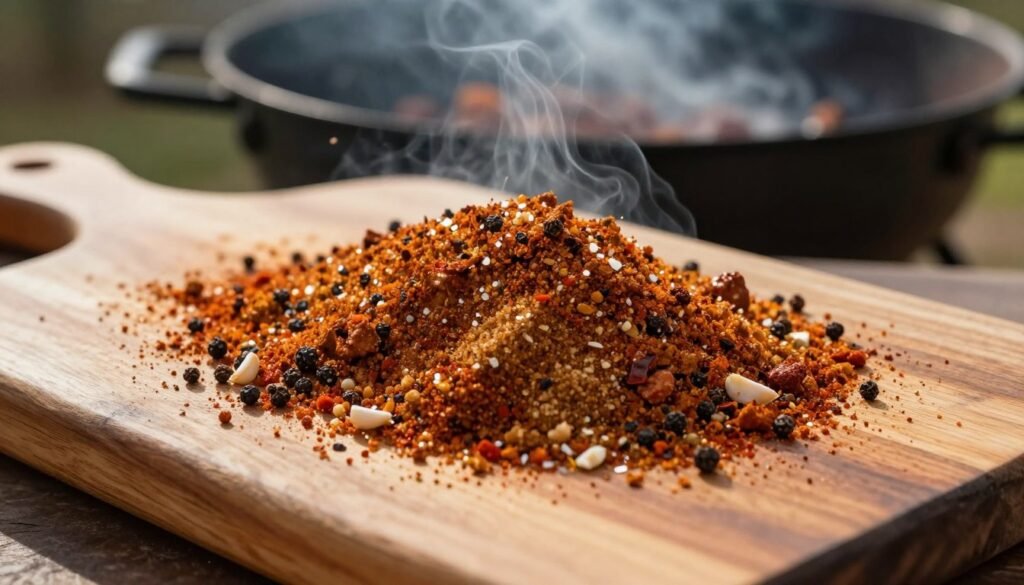 A vibrant, close-up view of a rustic wooden cutting board topped with a generous portion of BBQ dry rub seasoning for chicken, showcasing various spices like paprika, garlic powder, brown sugar, and black pepper in rich, earthy tones. In the background, a soft-focus pellet grill smokes enticingly, with wisps of aromatic smoke rising into the air. The lighting is warm and welcoming, highlighting the textures of the spices while casting gentle shadows for depth. The scene conveys an inviting atmosphere that evokes the thrill of outdoor cooking, perfect for wood-fired poultry. The composition is slightly angled to draw the viewer's eye, enhancing the artisanal feel of the dry rub preparation.