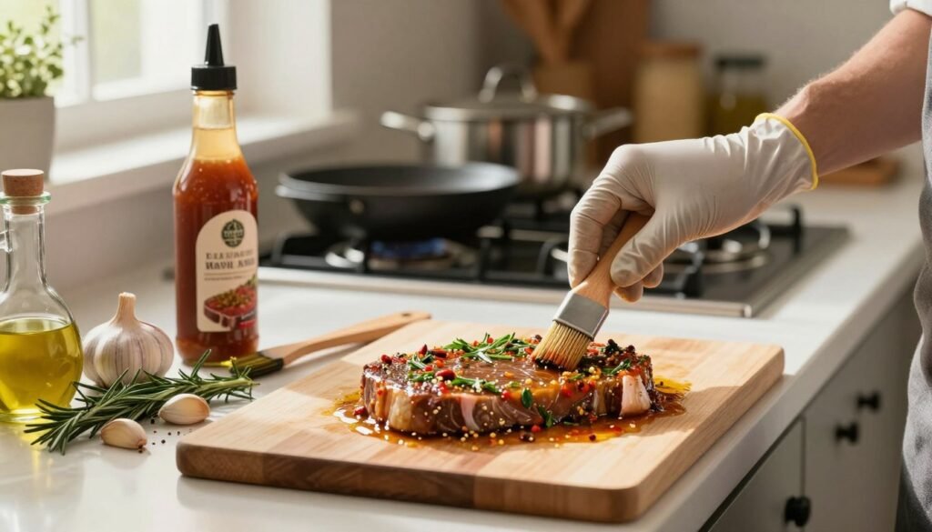 A well-lit kitchen countertop serves as the foreground, where a hand in a professional cooking glove applies a vibrant marinade to a flat piece of London Broil, showcasing the rich colors and textures of the marinade with herbs and spices. The middle ground features a cutting board with additional marinade ingredients like garlic, rosemary, and oil, alongside a bottle of marinade next to a marinade brush. In the background, a warm, inviting kitchen ambiance with subtly blurred pots and pans suggests a cozy cooking environment. Soft, natural light streams from a nearby window, enhancing the inviting atmosphere and focusing attention on the marinade application process, conveying a sense of craftsmanship and culinary passion. A well-lit kitchen countertop serves as the foreground, where a hand in a professional cooking glove applies a vibrant marinade to a flat piece of London Broil, showcasing the rich colors and textures of the marinade with herbs and spices. The middle ground features a cutting board with additional marinade ingredients like garlic, rosemary, and oil, alongside a bottle of marinade next to a marinade brush. In the background, a warm, inviting kitchen ambiance with subtly blurred pots and pans suggests a cozy cooking environment. Soft, natural light streams from a nearby window, enhancing the inviting atmosphere and focusing attention on the marinade application process, conveying a sense of craftsmanship and culinary passion.