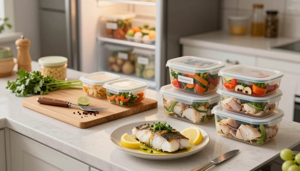 A well-organized kitchen countertop featuring a variety of cod meal prep essentials. In the foreground, a beautifully plated cod dish garnished with herbs and lemon wedges sits next to neatly arranged storage containers filled with marinated cod portions, some with clear lids showing vibrant vegetables. In the middle, a cutting board holds fresh herbs, spices, and utensils. The background showcases a tidy refrigerator interior with labeled containers for easy identification and an inviting, soft light illuminating the scene. Use a slightly elevated angle to capture depth and perspective, creating a mood of warmth and organization, perfect for meal planning and storage tips.